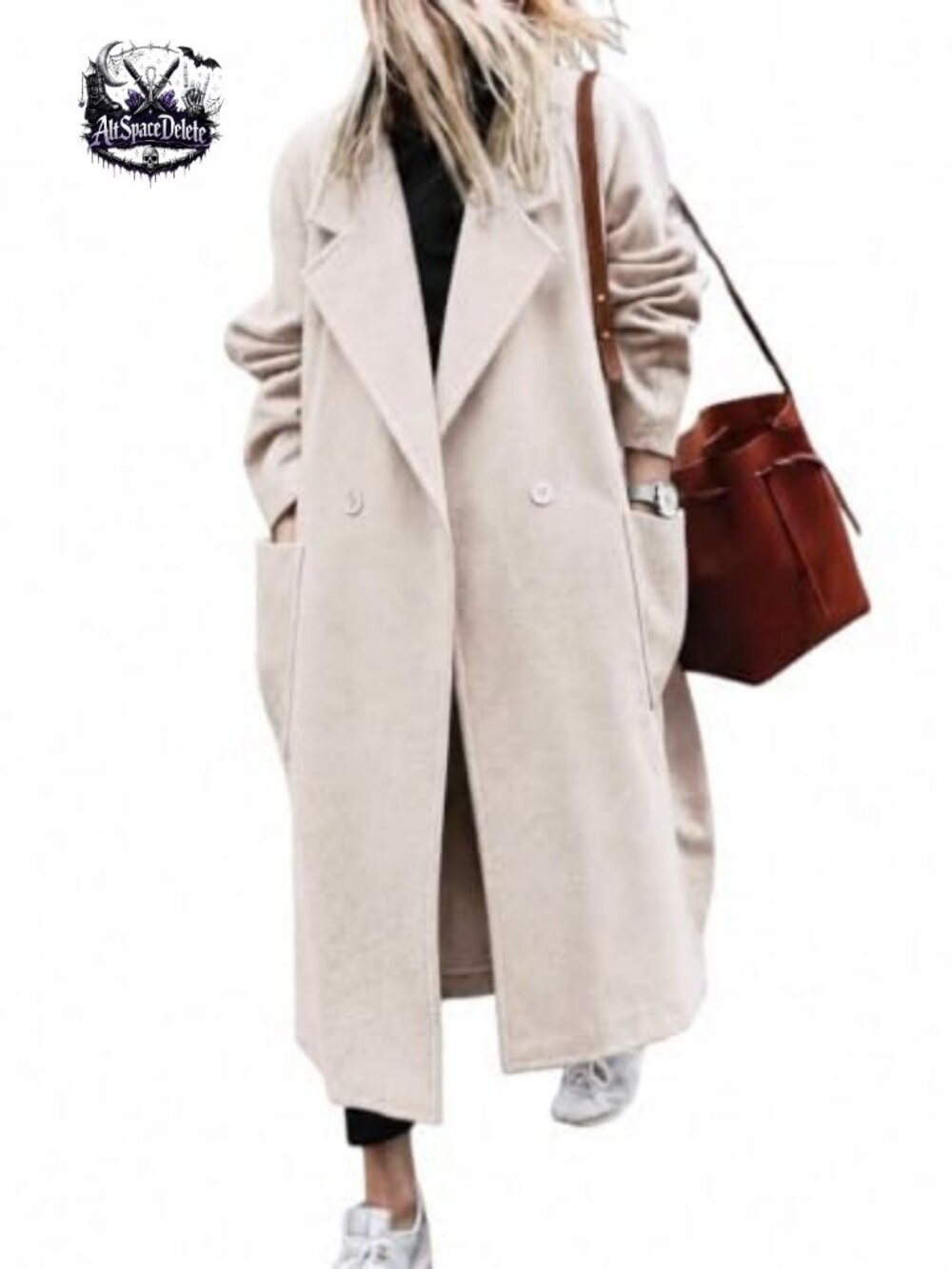 Wool Blend Trench Coat Notch Lapel Long Sleeve Patch Pockets